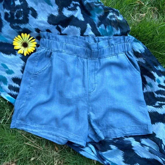🌺 THREAD & SUPPLY; Ruffle Waist - Stretchy Light Blue Jean Style Shorts; Sz. XL - Picture 1 of 9